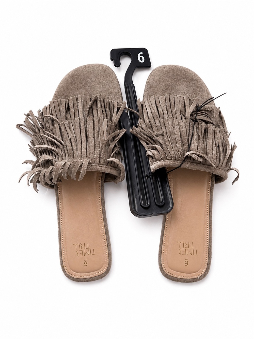 Time and Tru Taupe Fringe Slide Mules - Women's Size 6